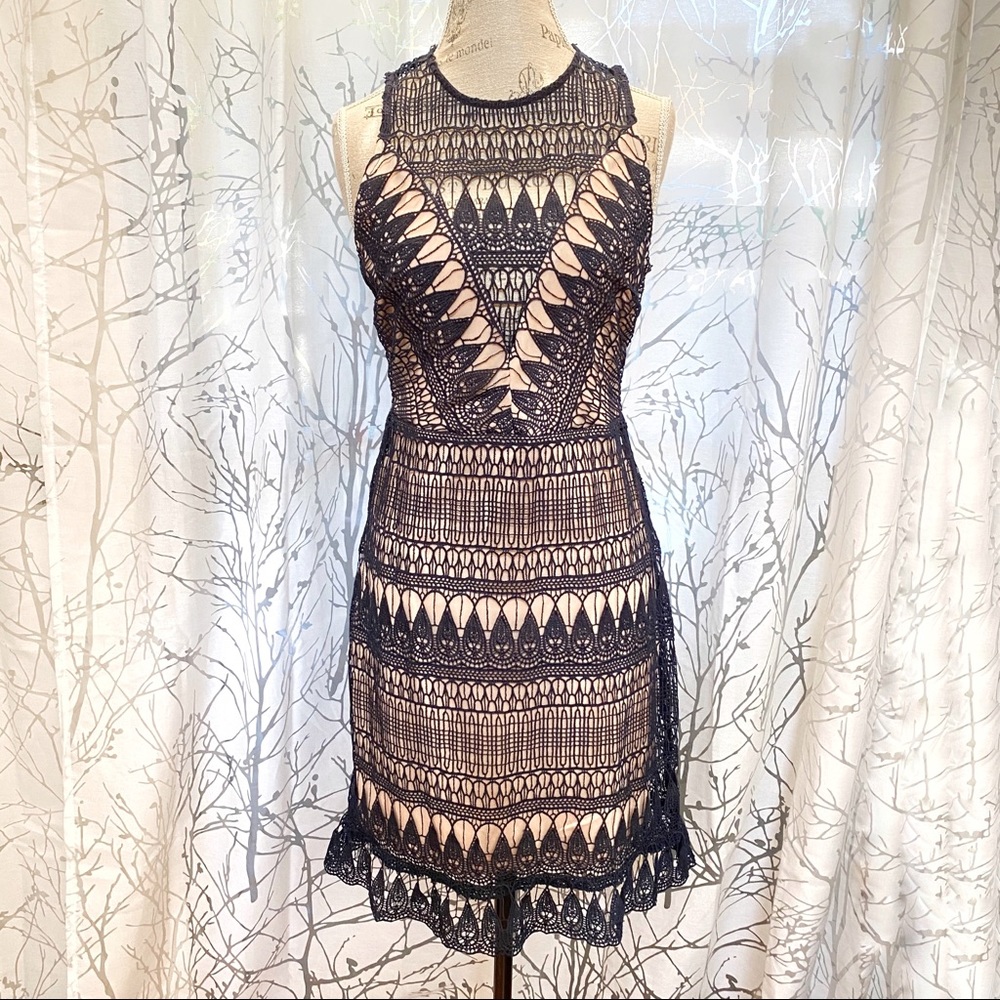 Aqua navy blue lace sheer nude sleeveless dress